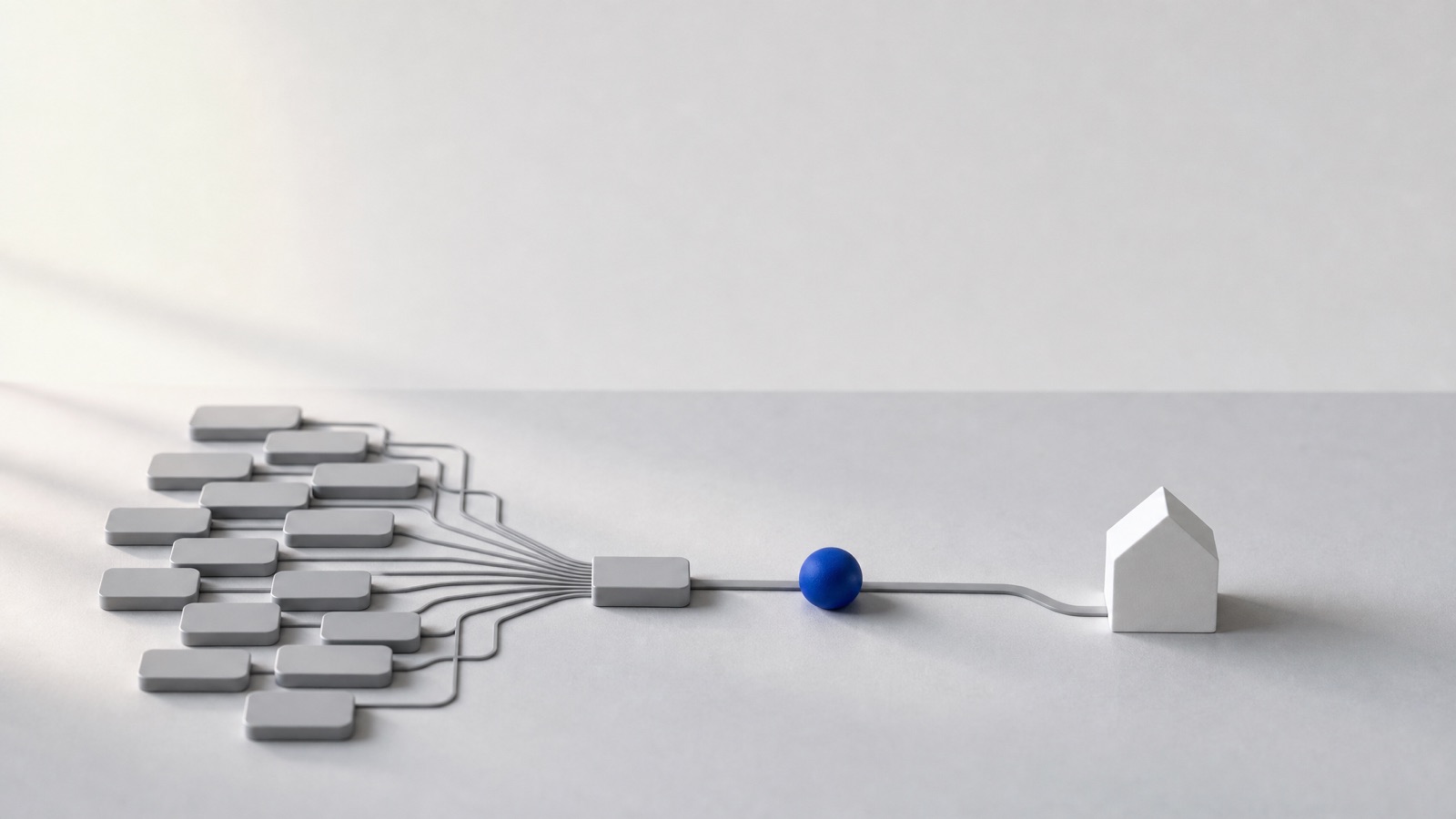 Mobile proxy vs residential proxy shown as many grey tiles routed through one gateway beside a single white house on one line, with one cobalt sphere between them