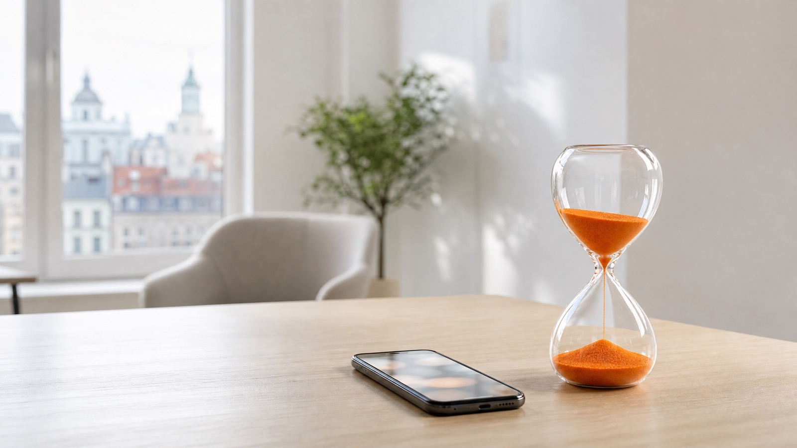 Smartfon obok klepsydry z pomarańczowym piaskiem na biurku w jasnym biurze nieruchomości