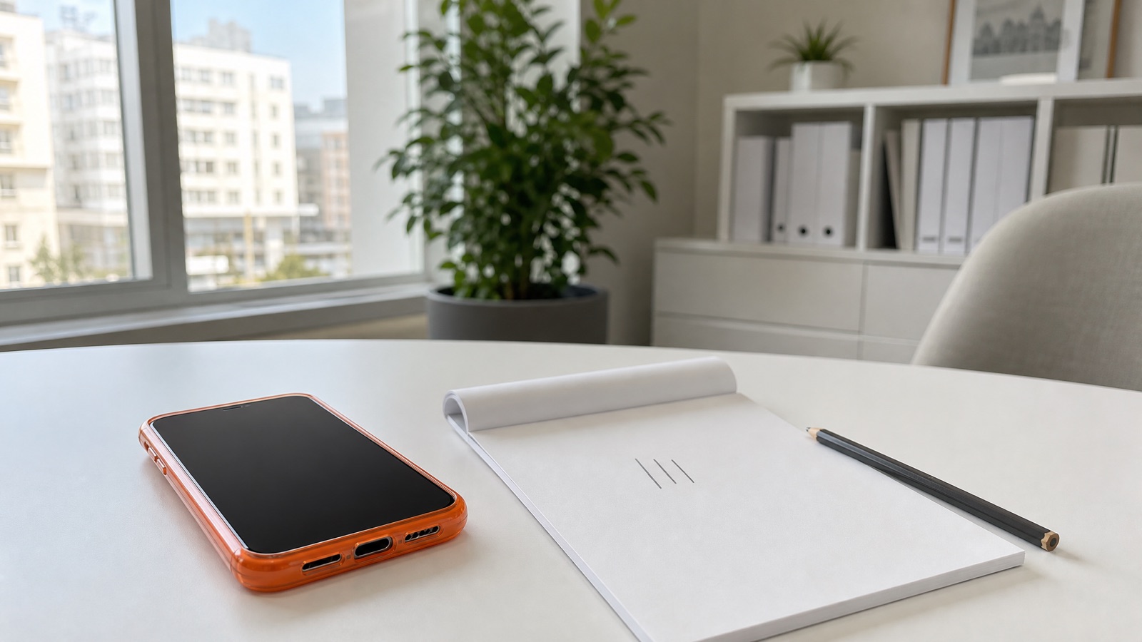 Smartfon w pomarańczowym etui i notes z trzema kreskami oznaczającymi próby kontaktu na biurku w jasnym biurze nieruchomości