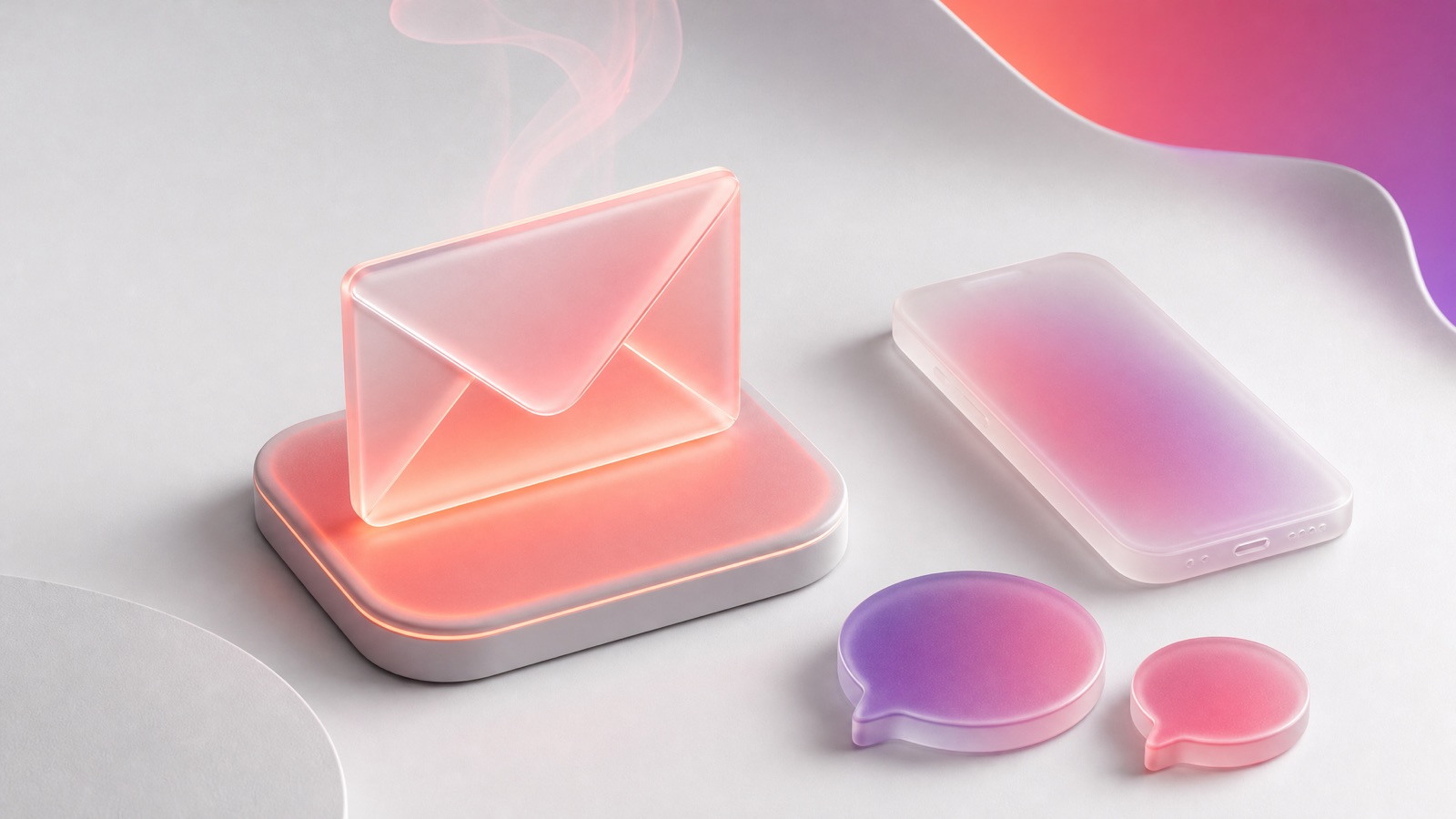 Frosted glass envelope warming on a glowing plate beside a smartphone and chat bubbles, illustrating email warmup tools