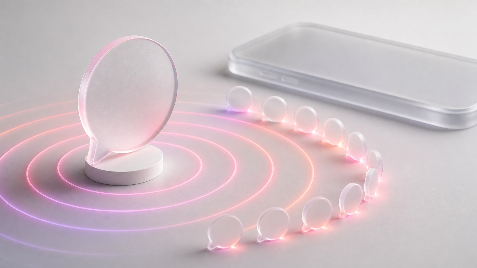 Instagram broadcast channel: one frosted chat bubble sending magenta rings out to a circle of smaller bubbles beside a phone
