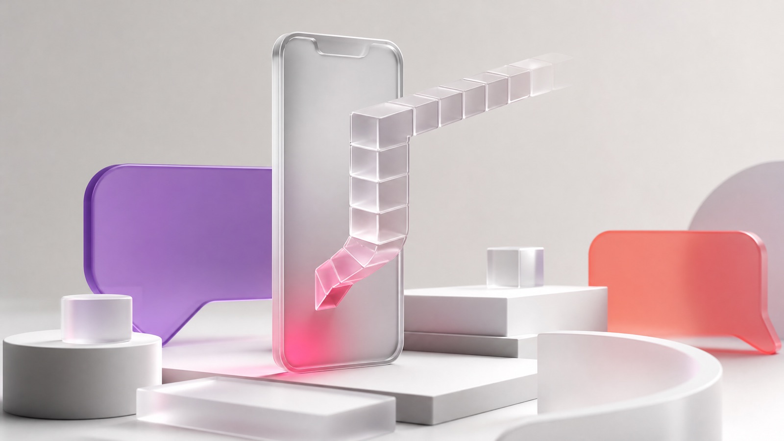 Frosted glass smartphone with a chat bubble made of glass blocks that fades out where it hits its length limit