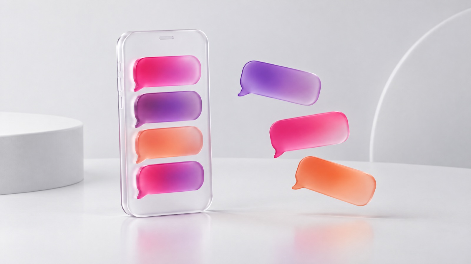 Frosted glass smartphone holding a stack of magenta, plum and coral chat bubbles, representing ready-to-use Instagram DM templates