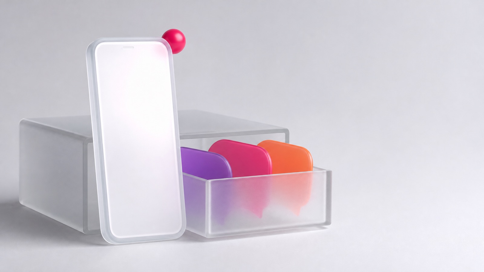 Frosted glass phone with a magenta notification dot beside a half-open drawer of hidden chat bubbles, illustrating Instagram message requests not showing
