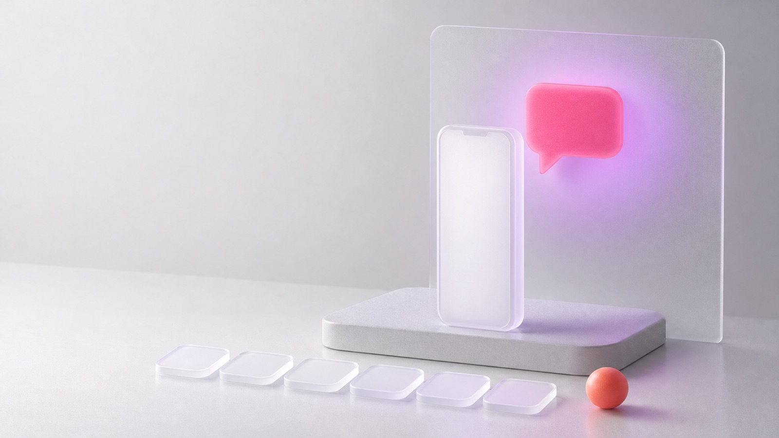 Instagram not sending SMS code: a frosted glass phone, six empty code tiles and a magenta chat bubble held behind a glass panel
